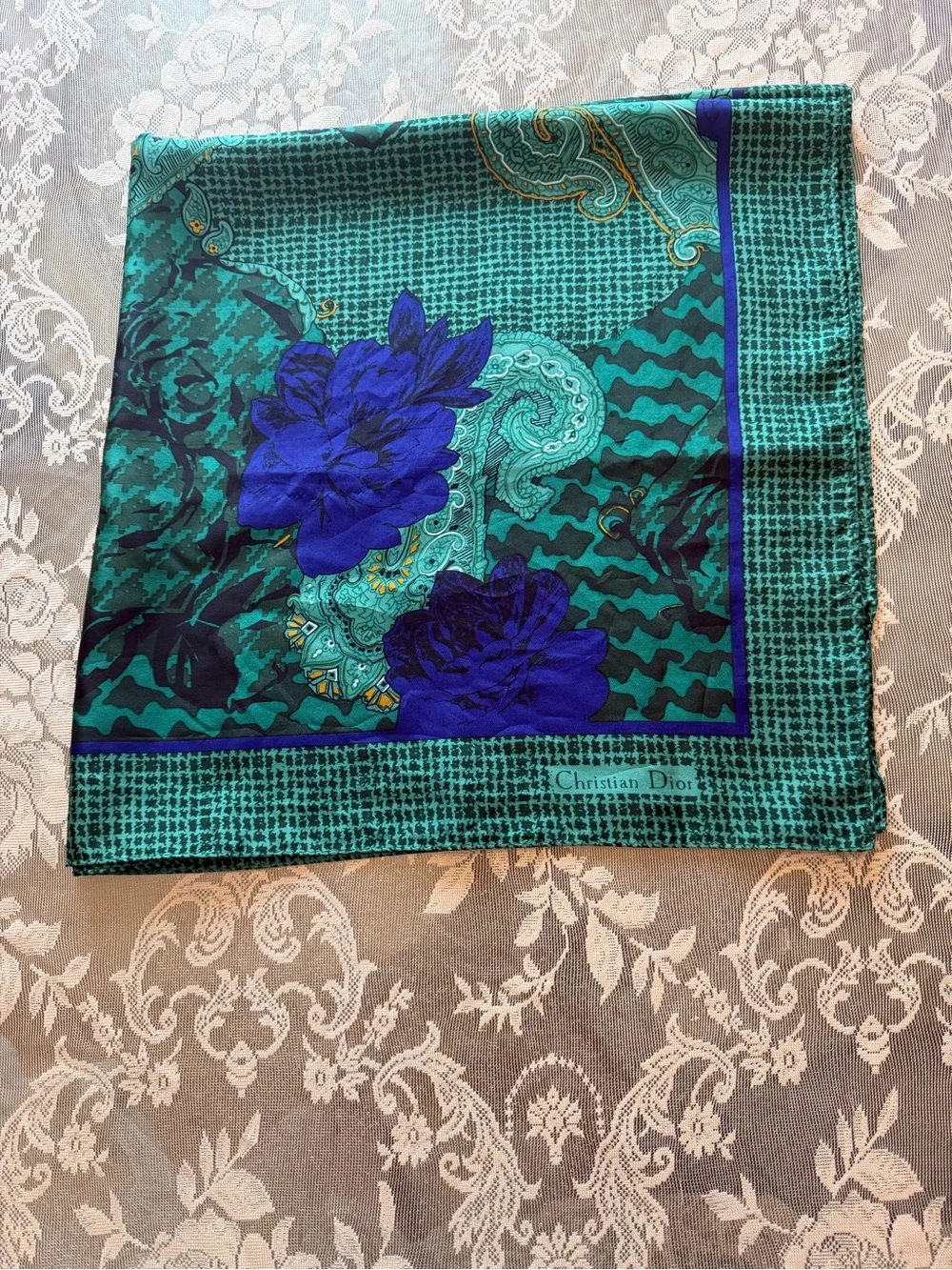 Vintage Dior Green and Blue Floral Paisley Silk Scarf